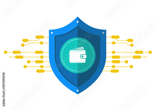 Secure digital wallet protected by a shield of circuit boards. Modern fintech illustration, emphasizing data security and financial protection. Clean, professional design.
