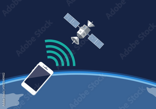 Smartphone connects to satellite data, showcasing mobile tech and global connectivity. Modern, clean illustration with a dark blue background and vibrant green signals.