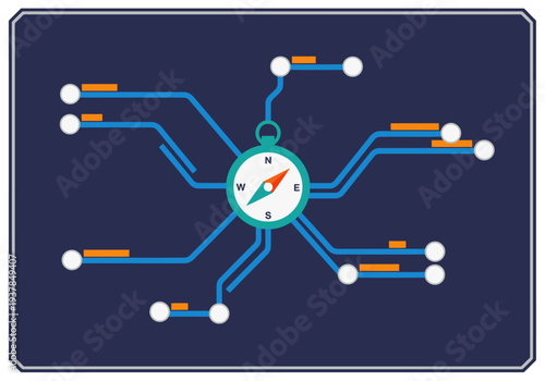 Strategic AI data visualization. A compass guides interconnected lines, symbolizing informed decision-making. Modern, digital, and visually compelling.