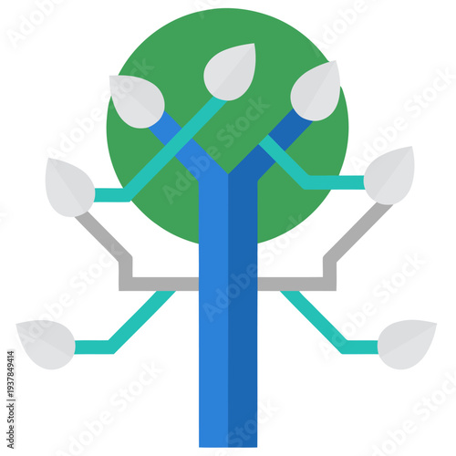 A stylized AI decision tree icon, featuring a green tree with blue connections. Modern, flat design illustration for business and technology concepts.