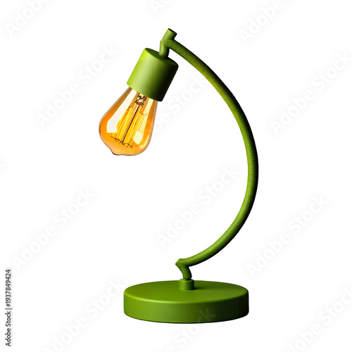 A green desk lamp with a curved arm and illuminated light bulb on transparent background