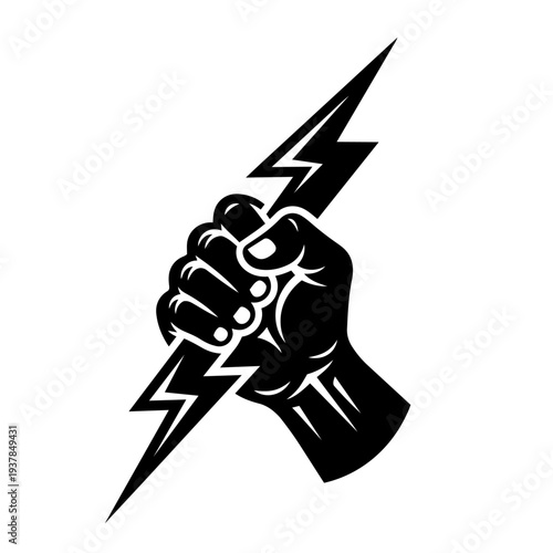 Powerful Fist Holding Lightning Bolt Energy Strength Silhouette Vector Illustration Isolated on Transparent Background PNG