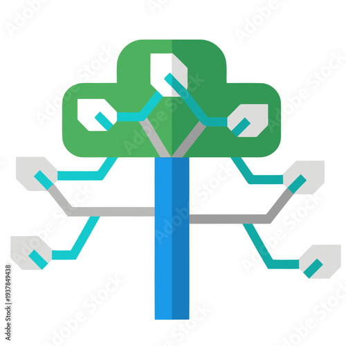 A stylized AI decision tree icon, featuring a green tree with interconnected nodes. Modern, flat design with blue and gray accents. Suitable for tech and business themes.
