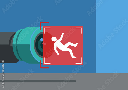 A stylized graphic depicts a fall detection monitor capturing a falling figure. Bold red overlay highlights the fall event. Modern, clean design. Suitable for safety and technology visuals.