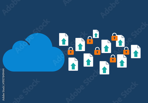 A stylized cloud server transmits data packets to documents secured with locks. Modern, digital illustration for business and technology concepts.