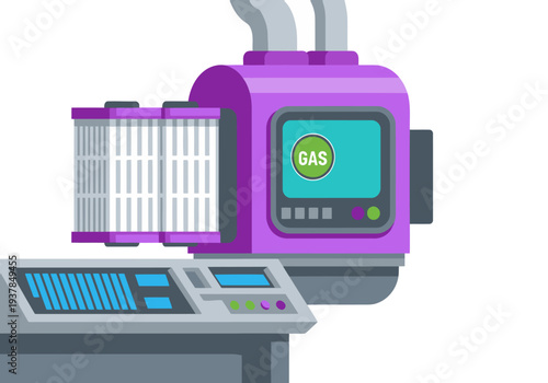 A stylized illustration depicts a gas removal filter machine. It features a purple casing, a digital display, and clear lines. Modern, clean design for commercial use.