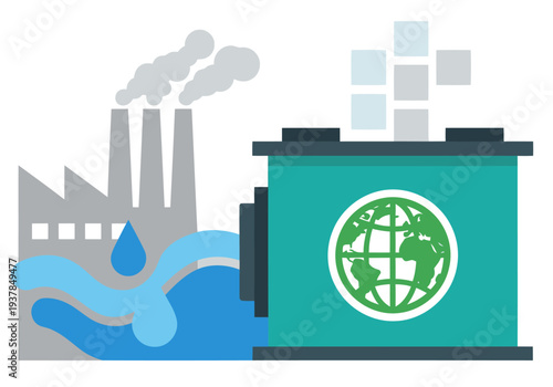 A stylized illustration depicts industrial pollution contrasted with a clean energy air filter protecting the Earth. It showcases a transition to sustainable practices. Modern, graphic design.