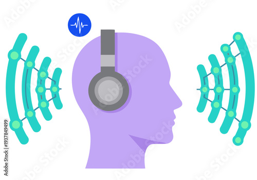 A stylized illustration depicts meditation with sound waves emanating from a person wearing headphones. Calm, serene, and modern design promotes relaxation and mindfulness.