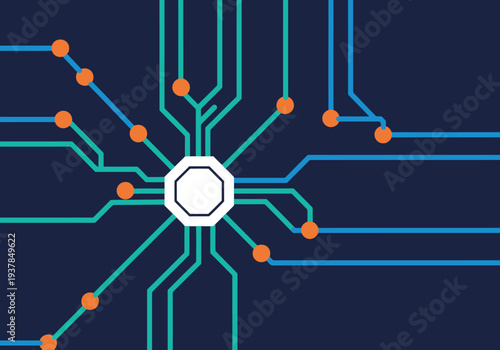 A vibrant, modern circuit board design featuring a central hexagon and glowing connections.  Illustrative of smart AI decision systems. Bold colors and a futuristic aesthetic.