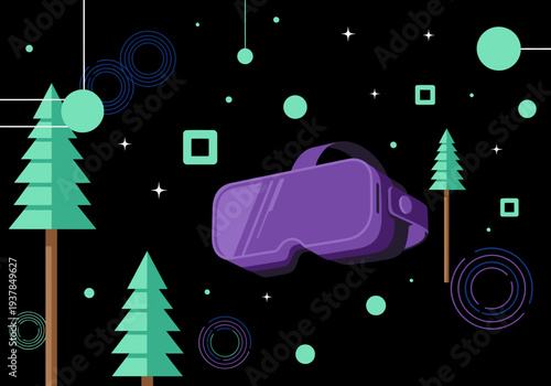 vibrant VR headset floats amidst a stylized winter scene featuring pine trees and geometric shapes  -VR Immersive Sound Tech- text highlights the futuristic concept Modern