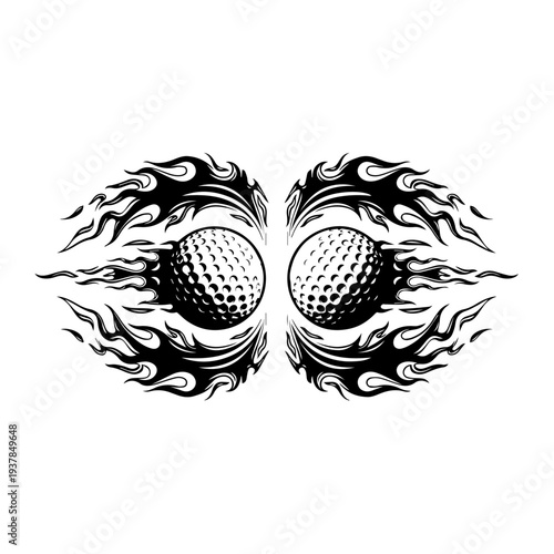 Flaming Golf Balls Symmetrical Design, Fire Style Sport Vector Illustration