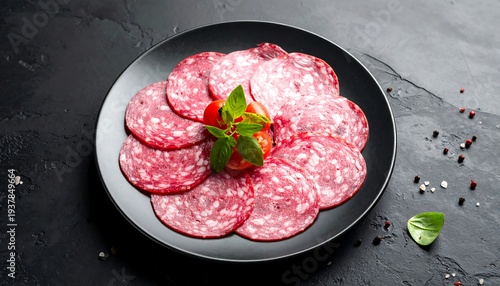 Salami slices attractively arranged on a dark plate, garnished with basil and tomatoes