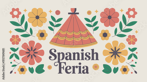 A vibrant illustration of a Spanish Feria with colorful flowers and a traditional tent