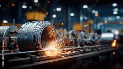 Industrial manufacturing process with sparks flying from coiled metal wire on a factory floor