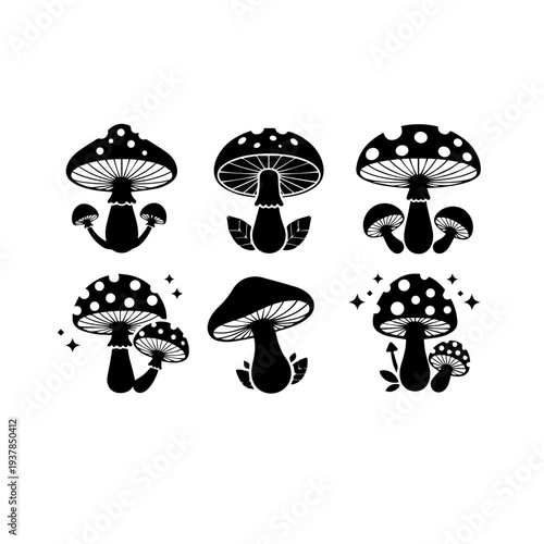 Cute Mushroom Silhouette Set Vector – Magic Toadstool Fungi Icon Collection