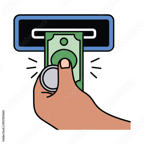 A hand inserting a green banknote and a silver coin into a machine slot for a transaction.