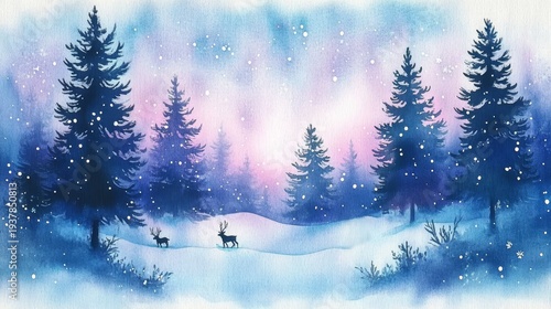 A serene winter scene with snow-covered trees and a colorful aurora in the sky