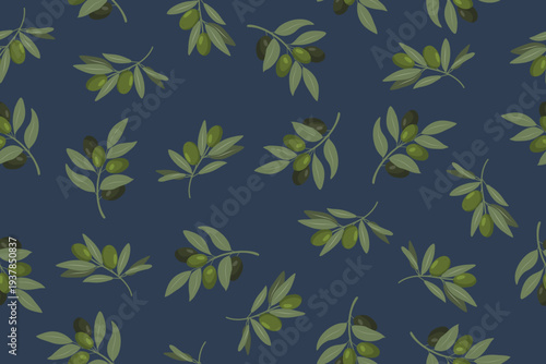 Seamless olive leaves pattern on deep blue background. Elegant Mediterranean botanical texture perfect for premium food packaging, textiles and olive oil branding.