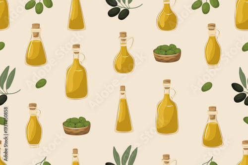 Seamless olive oil bottle pattern with minimalist kitchen icons. Mediterranean food themed texture perfect for packaging, restaurant branding, textiles and culinary design.