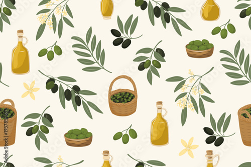 Mediterranean seamless pattern with olives, olive branches and oil bottles. Organic food themed design perfect for packaging, kitchen decor, textiles and culinary branding.