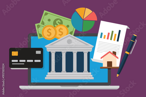 Digital banking and financial management concept with laptop, bank, money, credit card, and investment charts.