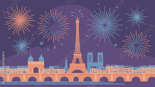 The Eiffel Tower stands tall amidst a vibrant display of fireworks in the night sky over Paris