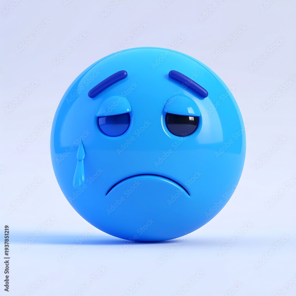 Fototapeta premium A blue emoticon with a sad face and a tear