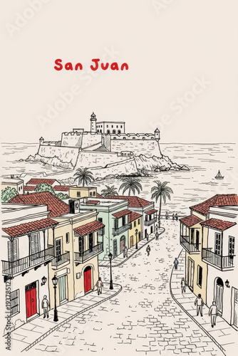 San Juan, Puerto Rico Pen Line Art Illustration of City Landmark and Travel Scene