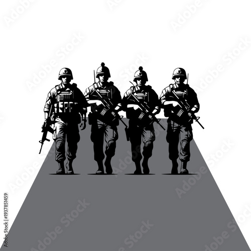 Special Forces Soldiers Silhouette Team Walking with Weapons Military Tactical Unit


