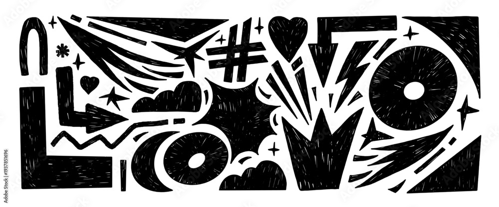 Obraz premium Marker abstract geometric shapes. Grunge textured circles, arrows, triangles, and naive geometric elements for creative design. Vector pencil crayon doodles pattern background. Black and white bg.