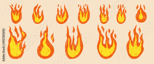Crayon fires flames. Doodle brush flame icons collection. Campfire stickers for collage projects. Vector naive pencil punk rock elements illustrations set isolated on beige background.