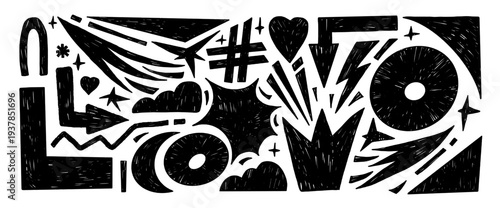 Marker abstract geometric shapes. Grunge textured circles, arrows, triangles, and naive geometric elements for creative design. Vector pencil crayon doodles pattern background. Black and white bg.