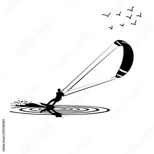 Minimal Kitesurfing Silhouette on Calm Water – Kiteboard Rider Reflection Illustration
