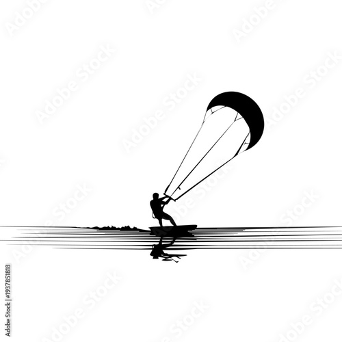 Kitesurfing Rider Silhouette with Kite and Birds – Minimal Ocean Water Sport Illustration


