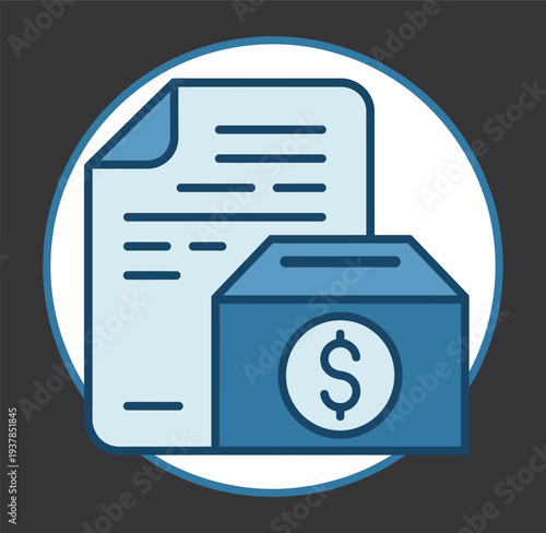 A blue icon depicting a financial document and a donation box with a dollar sign, representing finance, payments, or charitable giving.