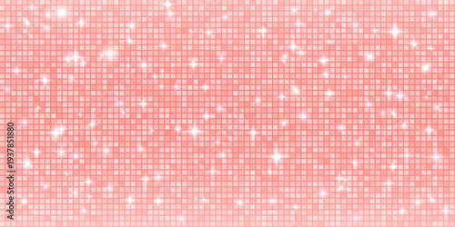 Glittering rose gold disco ball pattern with mirror mosaic and sparkle lights. Pink gradient sequin texture shimmer wall. Vector glam background.