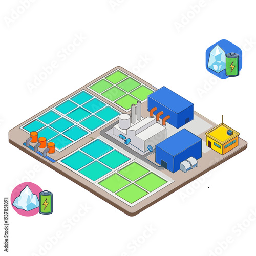 A futuristic industrial facility with solar panels and machinery operates efficiently.