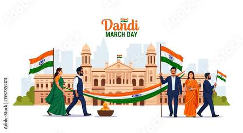 Illustration of people participating in the Dandi March Day, a historical protest against British salt tax led by Mahatma Gandhi, with Indian flags and a symbolic fire.