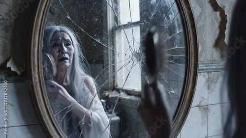 A female Asian ghost standing next to a broken mirror