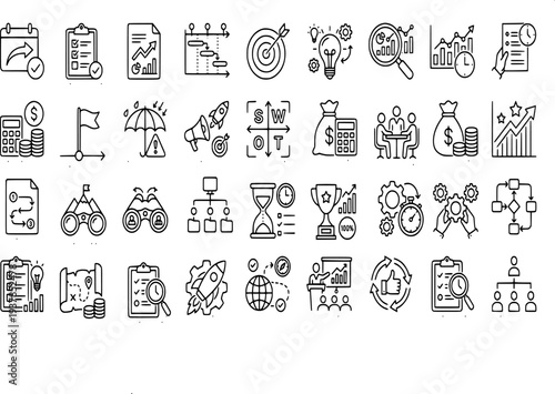 Vector linear icons of business planning, Gantt charts, SWOT analysis, roadmap, goal targeting, time management, and corporate organizational structure symbols.