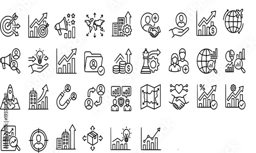 Line icons depicting key performance indicators (KPI), data visualization, mountain climbing achievement, bridge connection, brain idea, and sustainable business growth.