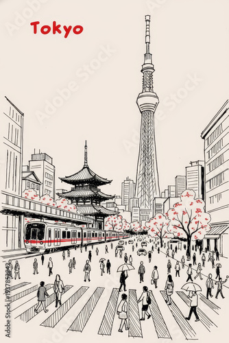 Tokyo, Japan Pen Line Art Illustration of City Landmark and Travel Scene