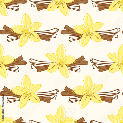 Pattern with Vanilla orchid yellow flowers and aromatic spice brown sticks on light background