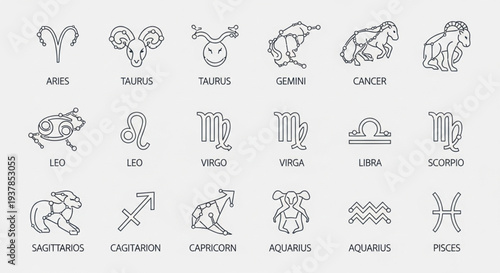 Collection of Zodiac Signs and Symbols in Outline Style.