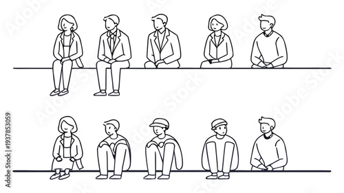 Vector illustration of Diverse Group of People Sitting on Ledge, Simple Line Drawing