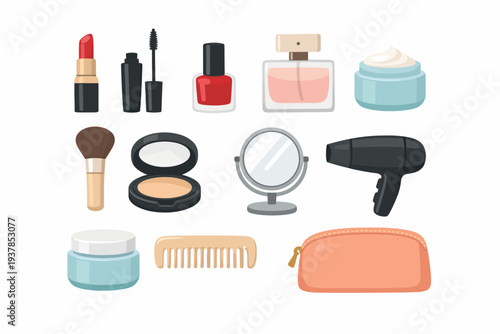 Collection of makeup and beauty accessories including lipstick, nail polish, and hair dryer