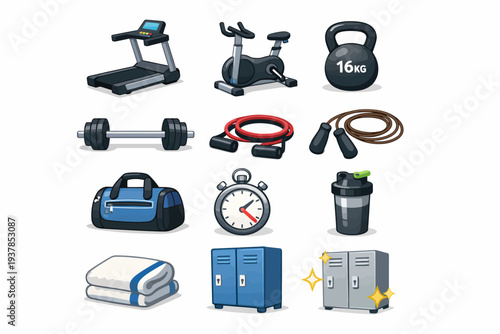 Variety of gym equipment icons including treadmill, dumbbells, and jump rope