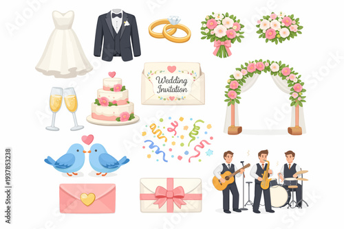 Elegant wedding elements set with attire, flowers, cake, and musicians