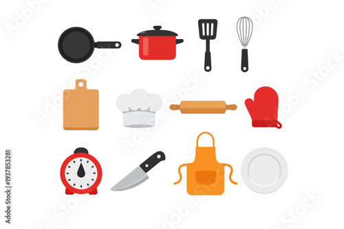 Various kitchen utensils and tools including pan, pot, and cutting board