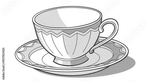 Vector illustration of Ornate teacup and saucer with decorative pattern, vintage style